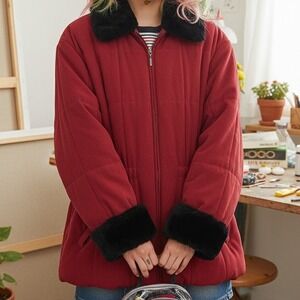 Mulberry Street Womens Jacket Sz Large Red Parka Faux Fur Trim Full Zip Stretch